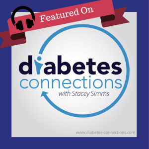 Blue circle with an arrow connect it. Writing in circle "Diabetes connections with Stacey Simms" Top left corner has headphones over a red ribbon that reads "Featured On"